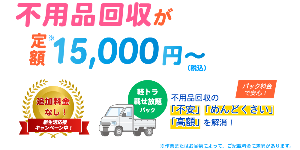 不用品回収が定額※15,000円～（税込）　追加料金なし！の新生活応援キャンペーン中！　軽トラ載せ放題パック　 パック料金で安心！不用品回収の「不安」「めんどくさい」「高額」を解消！　※作業またはお品物によって、ご記載料金に差異があります。